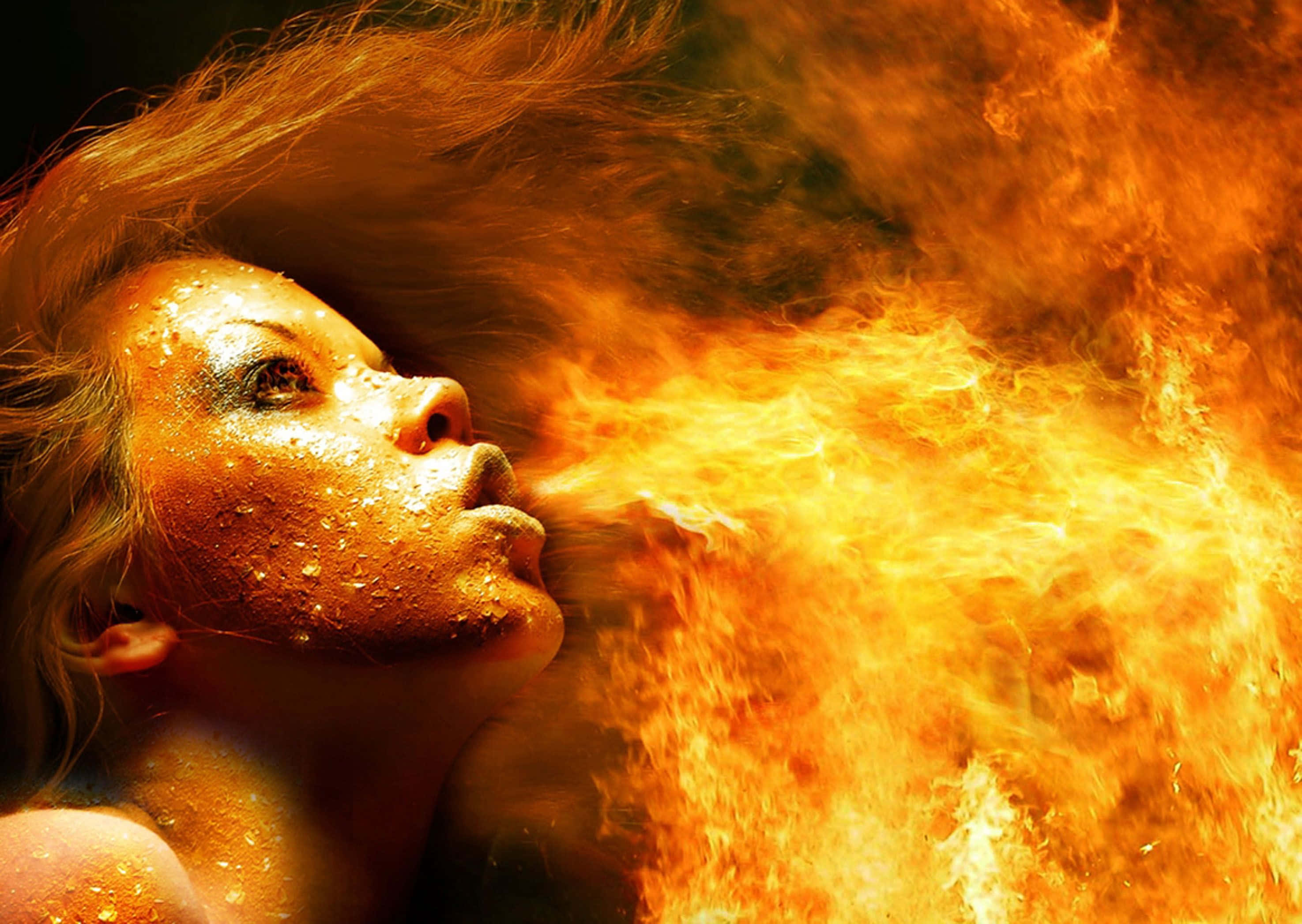Cool Fire 桌布 壁紙 — 一名頭髮和皮膚濕透的女性，在黑暗背景下呼出一陣咆哮的橙色火焰。
