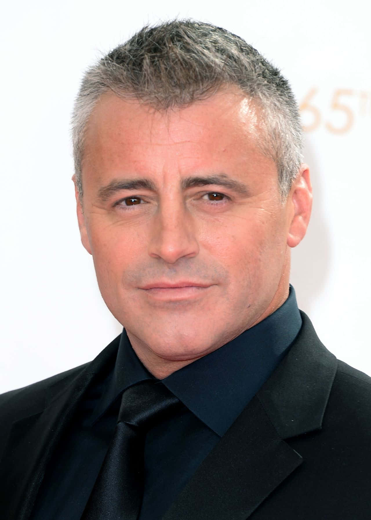 Matt Leblanc 桌布 壁紙 — 一名頭髮花白的男子穿著黑色西裝打領帶，在白色背景前的特寫肖像。