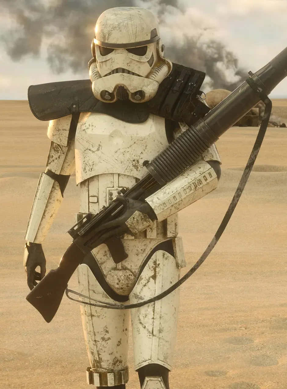 Blaster Rifles 桌布 壁紙 — 一名風化的風暴兵站在沙漠戰場上，手持爆能步槍，身後煙霧升騰。