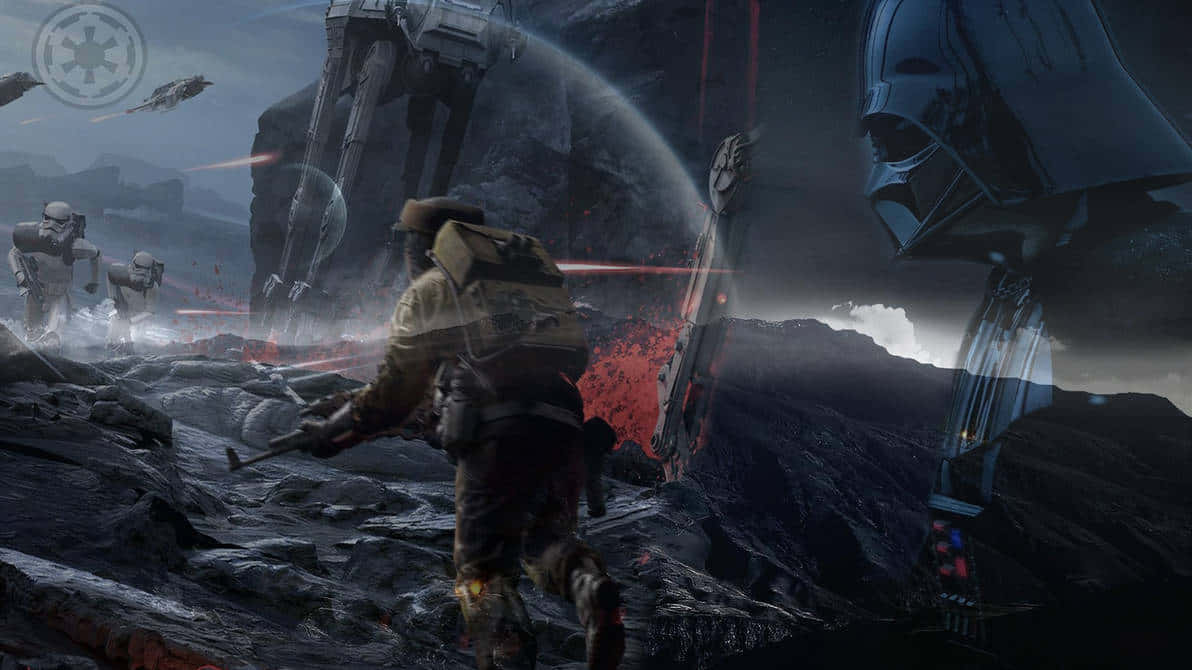 Galactic Empire 桌布 壁紙 — 一名風暴兵和一名反抗軍士兵在火山星球上交戰，達斯維德在血紅色的天空下赫然聳立。