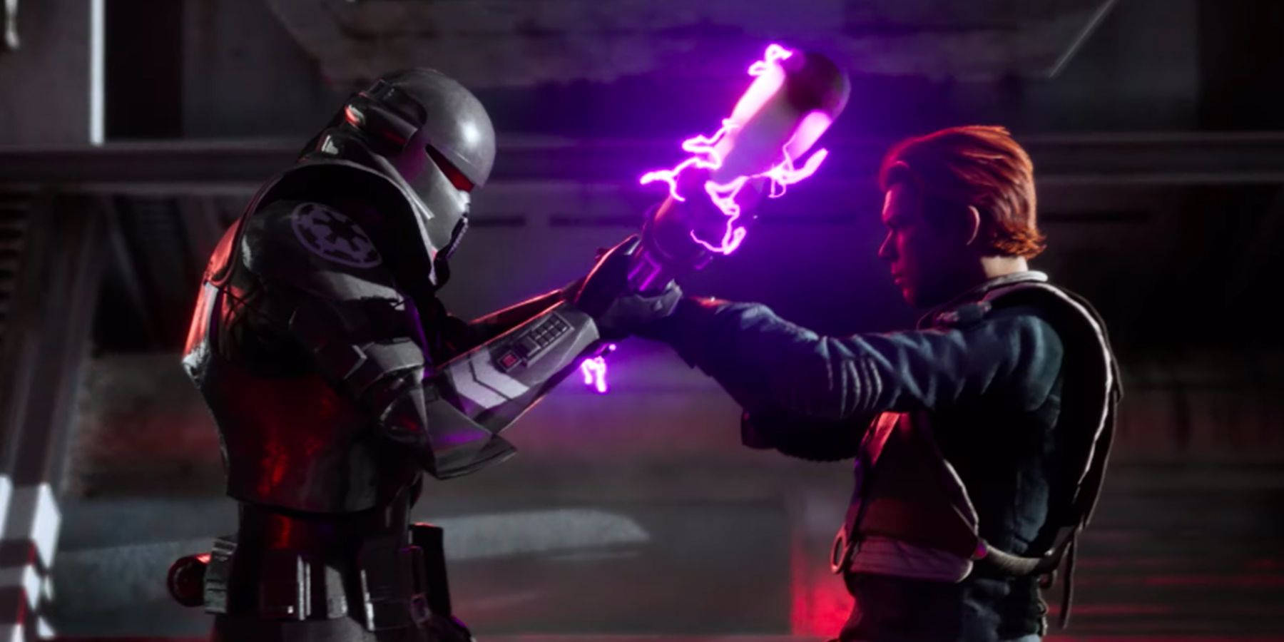 Jedi 桌布 壁紙 — 一名風暴兵和反抗軍戰士在昏暗的走廊中交鋒，發光的紫色光劍照亮了他們激烈的決鬥。