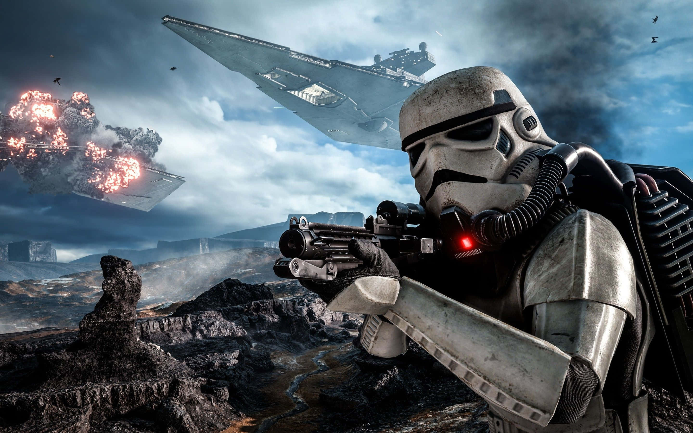 Blaster Rifles 桌布 壁紙 — 一名風暴兵在岩石戰場上瞄準爆能槍，星際戰鬥機在陰雲密佈的天空中爆炸。