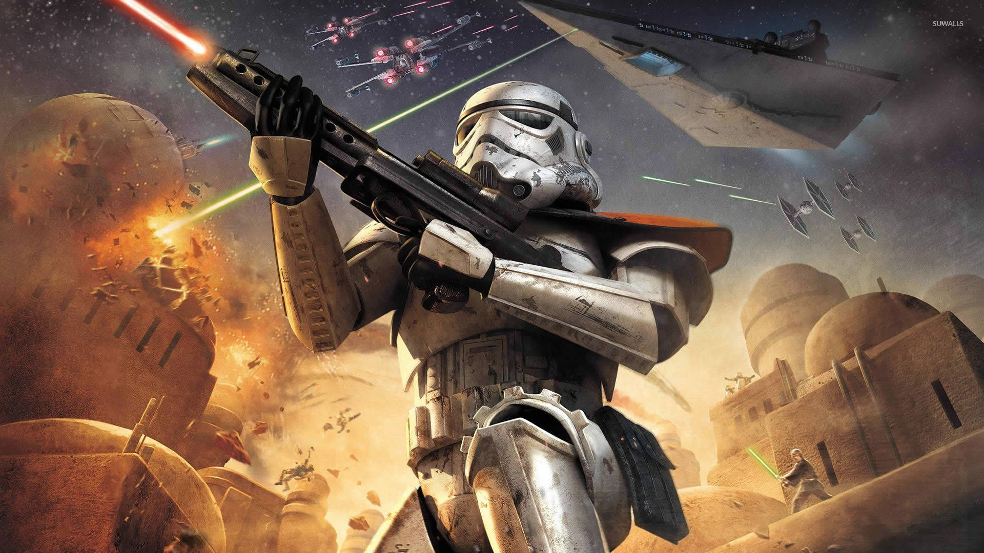 Raid 桌布 壁紙 — 一名風暴兵在沙漠戰鬥中發射爆能槍，星際戰鬥機在頭頂爆炸，遠處有絕地光劍發光。