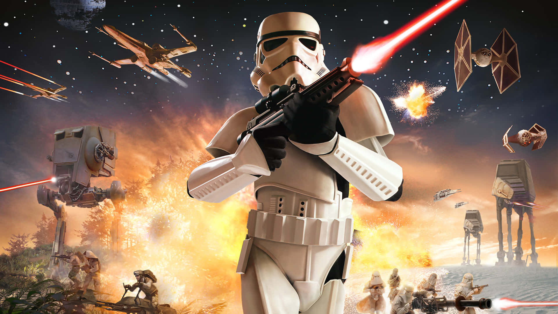 Star Wars Games 桌布 壁紙 — 一名風暴兵在混亂的戰鬥場景中，在熾熱的天空下與AT-AT步行機和星際戰機一起發射爆能槍。