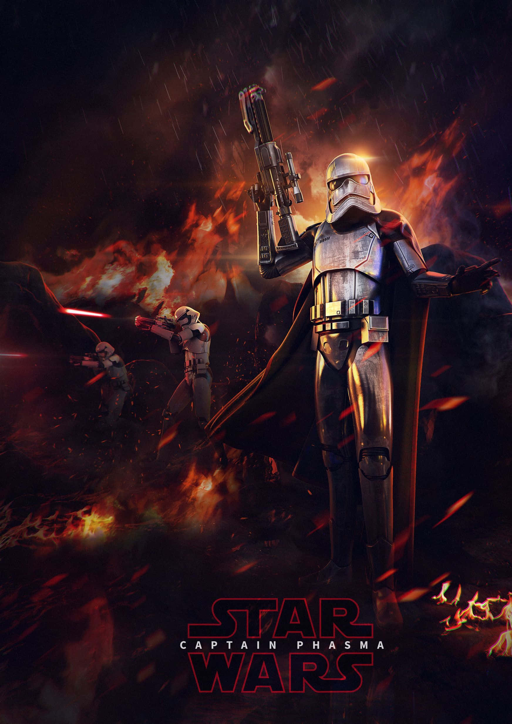 Captain Phasma 桌布 壁紙 — 一名風暴兵在烈火戰場上屹立不搖，雨水伴隨爆炸和雷射火力落下。