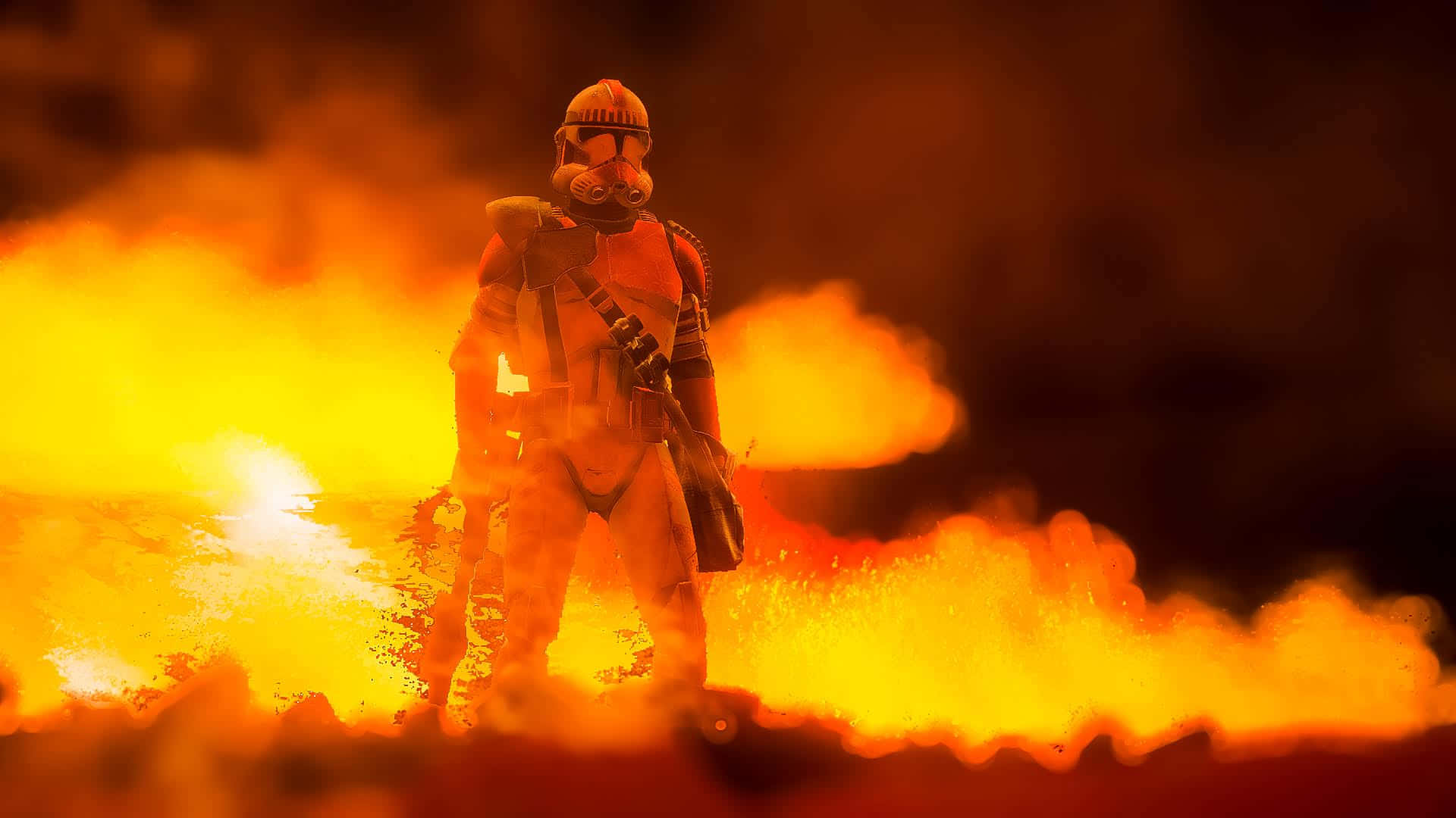 Mustafar 桌布 壁紙 — 一名風暴兵在熾熱的橙色天空下，在咆哮的火焰中屹立不倒。