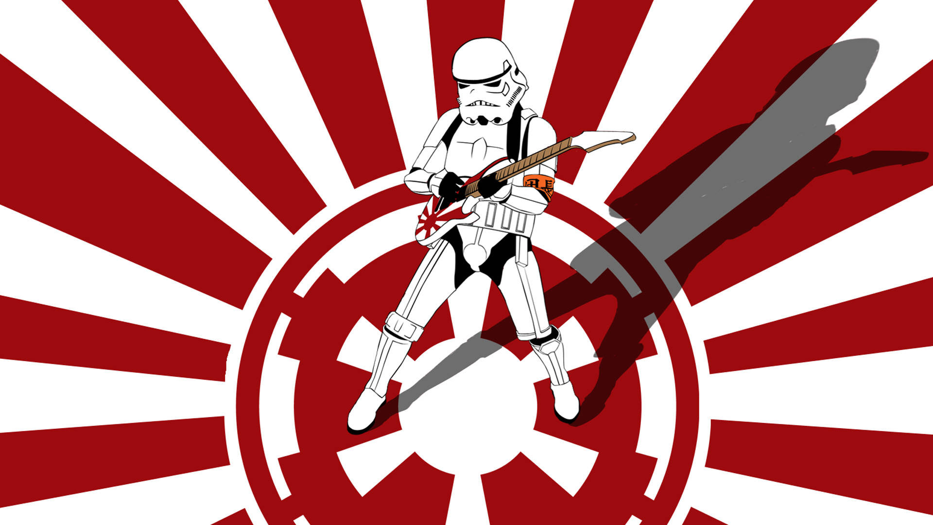 Star Wars Red 桌布 壁紙 — 一名風暴兵在醒目的紅白太陽光線背景上，伴隨著巨大的劍影，彈奏紅色電吉他。