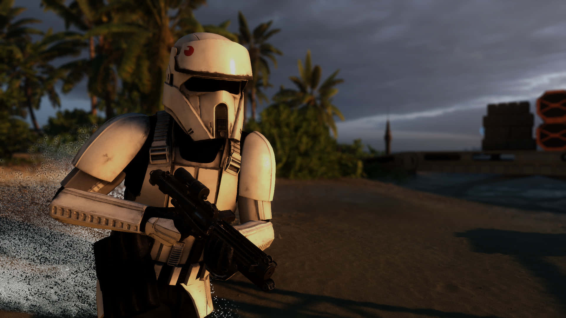 Blaster Rifles 桌布 壁紙 — 一名風暴兵在黃昏時分於熱帶海灘的淺水中涉水而行，背景有棕櫚樹和木箱。