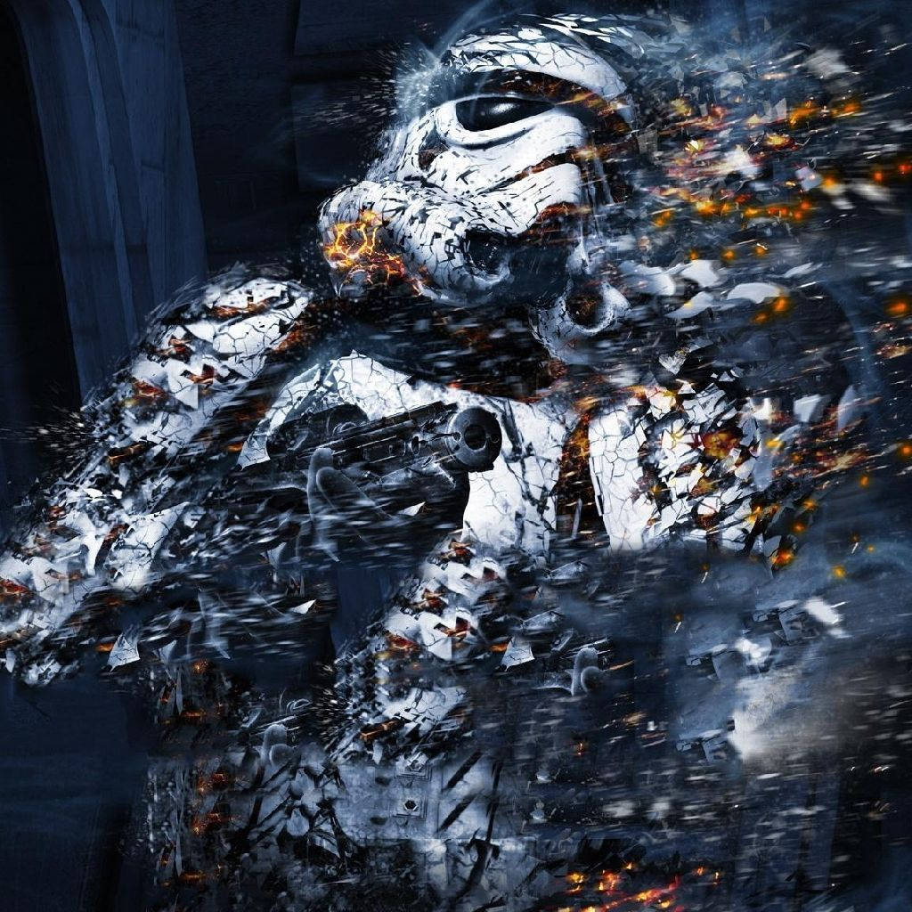 Star Wars iPad 桌布 壁紙 — 一名風暴兵在黑暗背景下爆炸成白色盔甲的碎片，伴隨著熾熱的橙色火花。