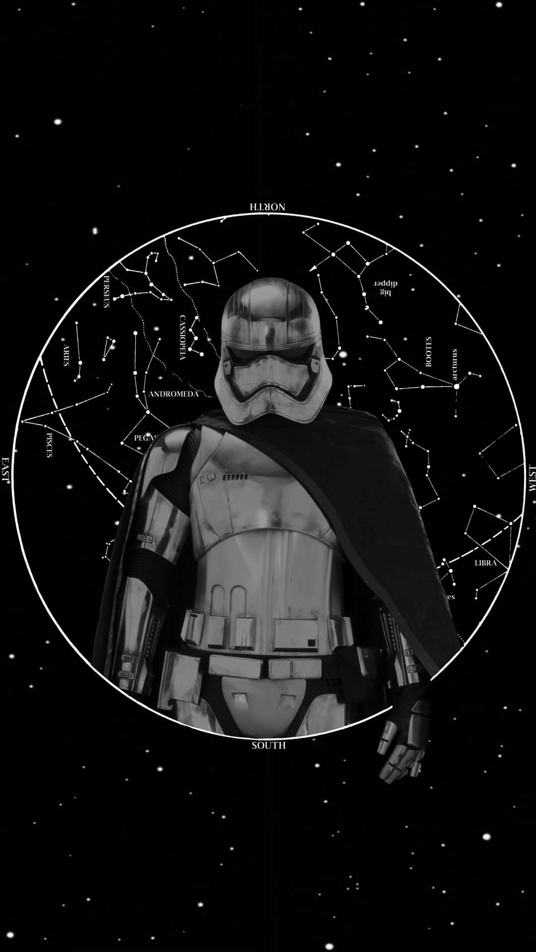 Captain Phasma 桌布 壁紙 — 一名風暴兵站在星圖中央，背景為佈滿星星的黑色夜空，星圖上繪有星座。