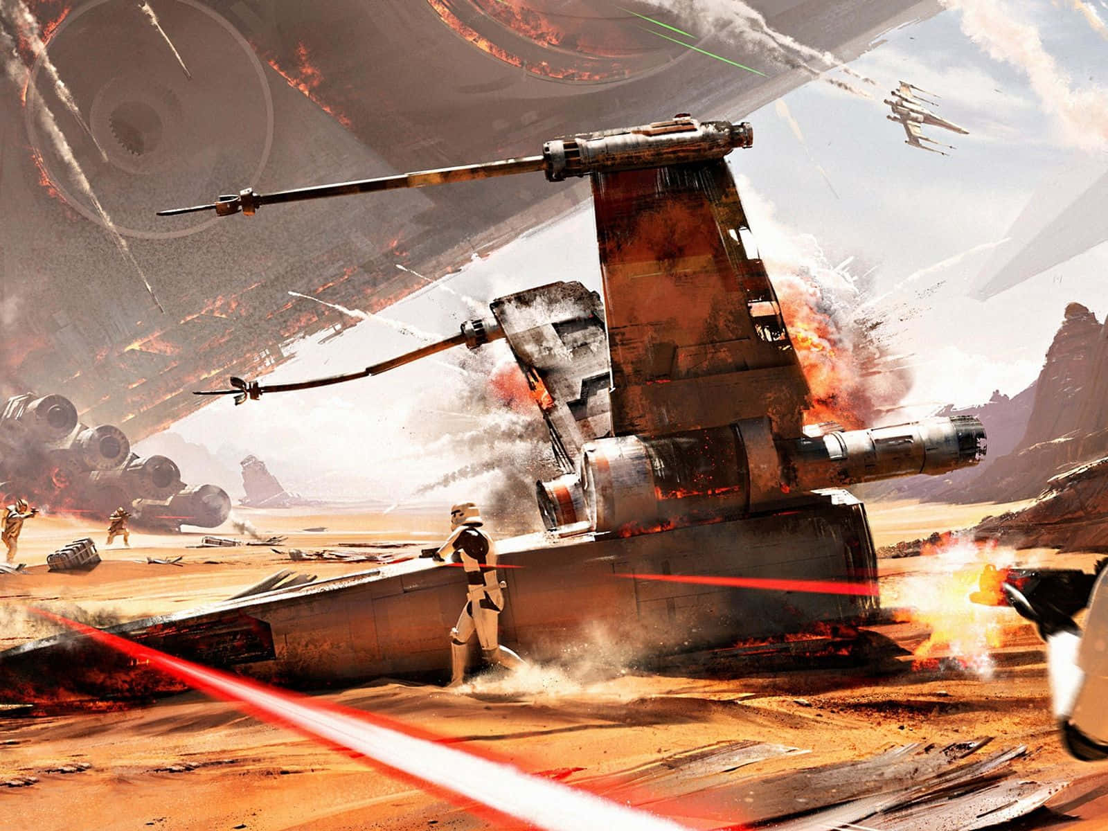 Jakku 桌布 壁紙 — 一名風暴兵站在沙漠戰場上一架墜毀的星際戰機殘骸中，雷射光束劃破空氣。