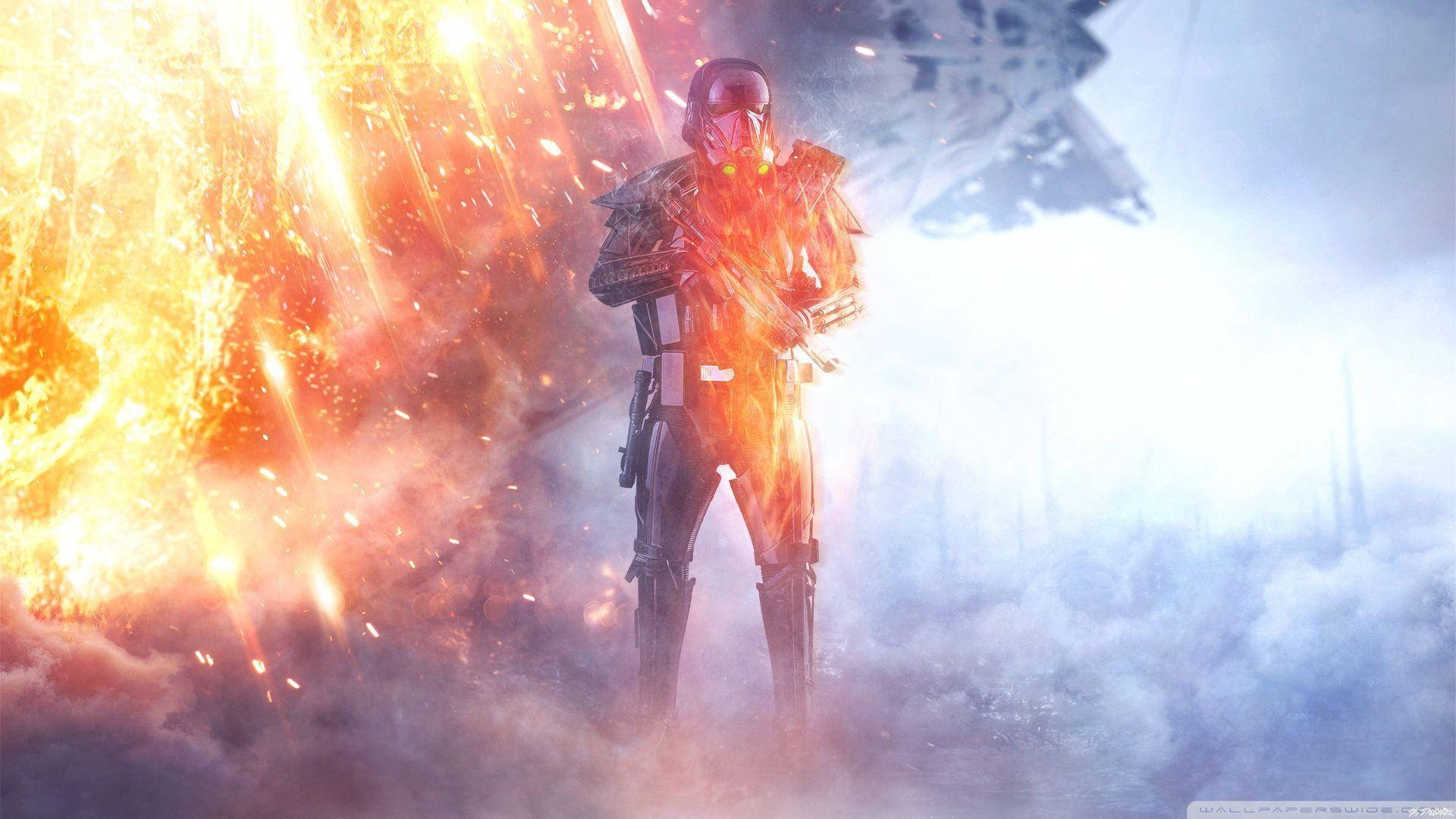 Battlefield 4 City 桌布 壁紙 — 一名風暴兵站在火焰爆炸和煙霧中，背景有一艘星艦若隱若現。