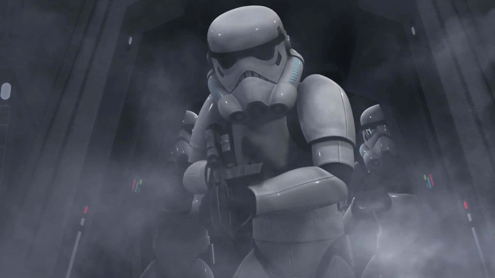 Imperial Army 桌布 壁紙 — 一名風暴兵站在煙霧瀰漫、昏暗的走廊中，身後另一名風暴兵手持爆能步槍。