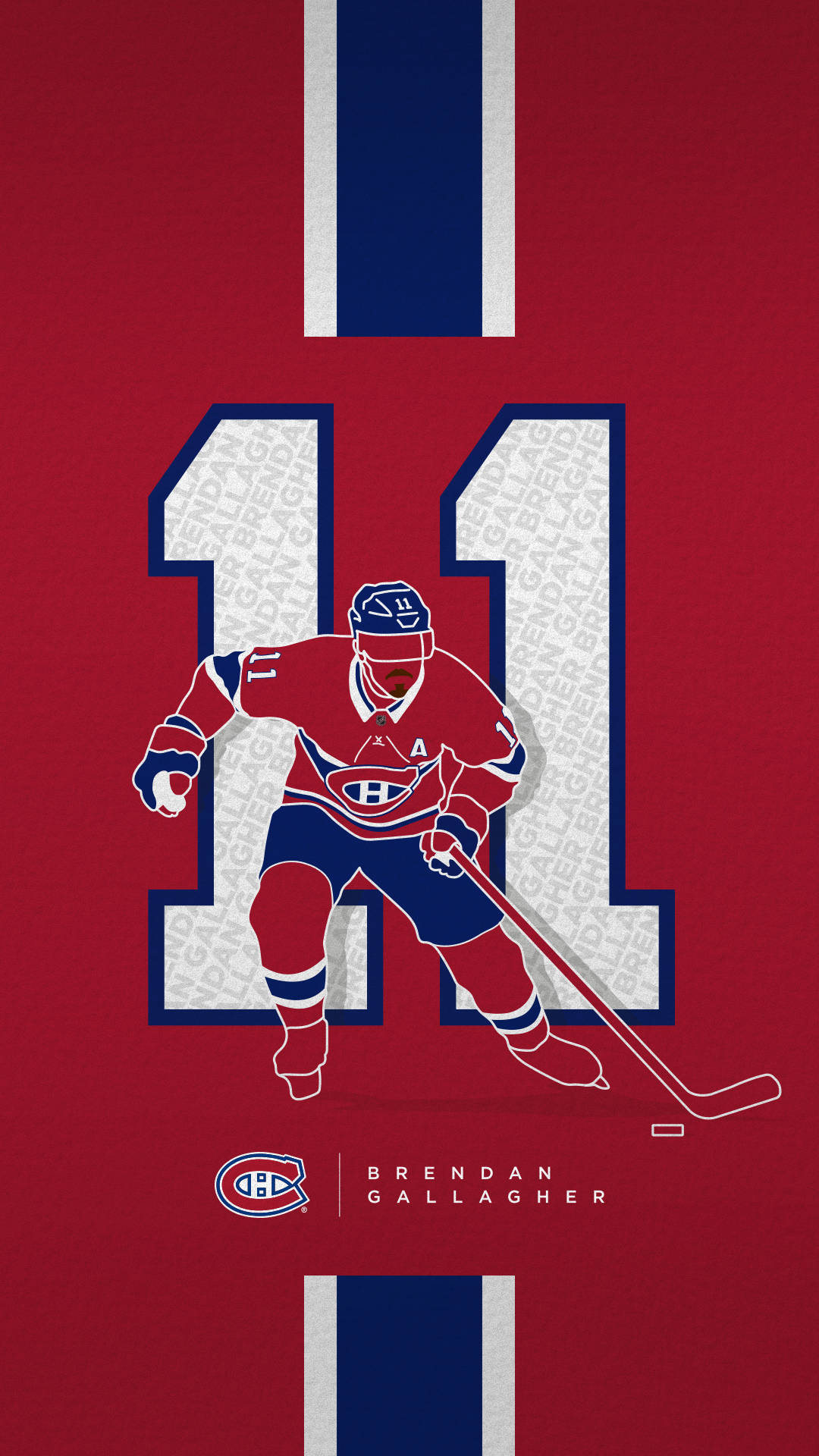 Canadiens 桌布 壁紙 — 一名風格化的冰球運動員身穿紅、藍、白色裝備，手持球棍，站在大膽的紅色背景前，背景上有一個大數字11。