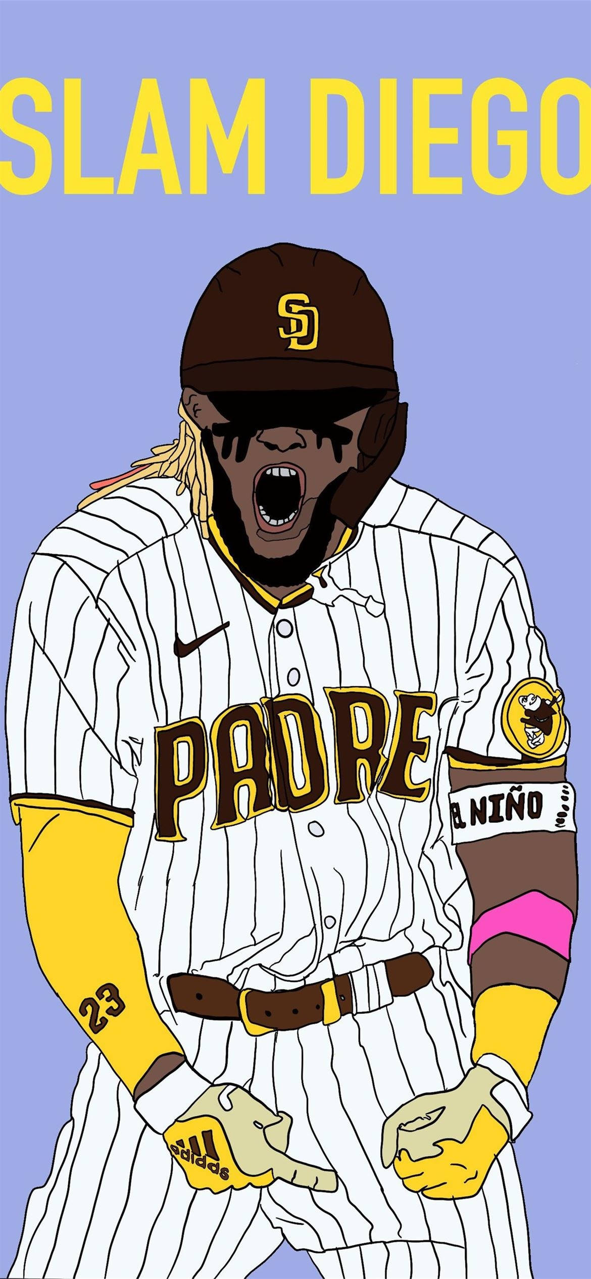 Padres 桌布 壁紙 — 一名風格化的棒球運動員身穿聖地牙哥教士隊球衣，在純薰衣草色背景上激烈咆哮。