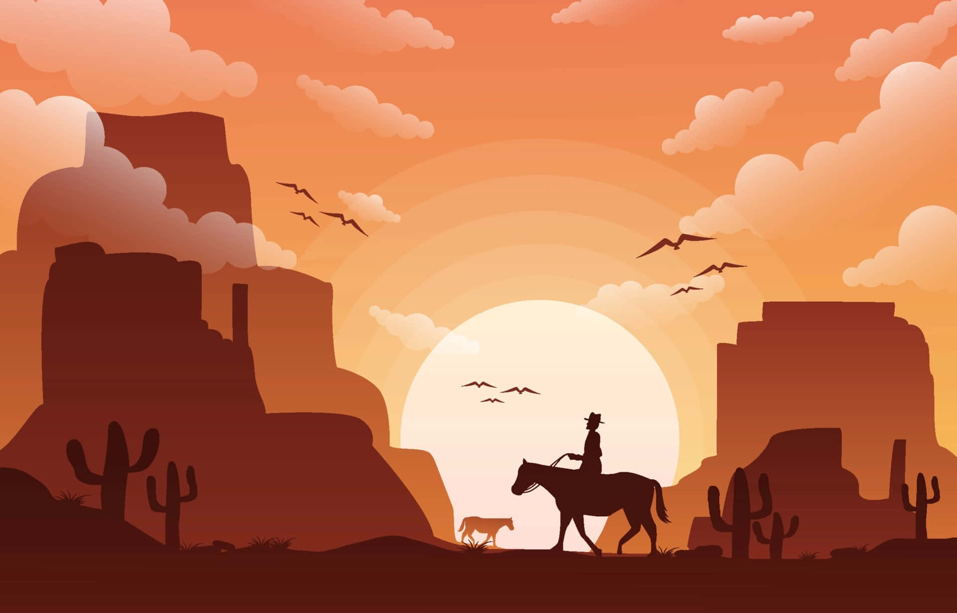 Cowboy 桌布 壁紙 — 一名騎在馬背上的牛仔，在充滿活力的橙色日落映襯下形成剪影，背景有沙漠岩石地貌、仙人掌和飛鳥。