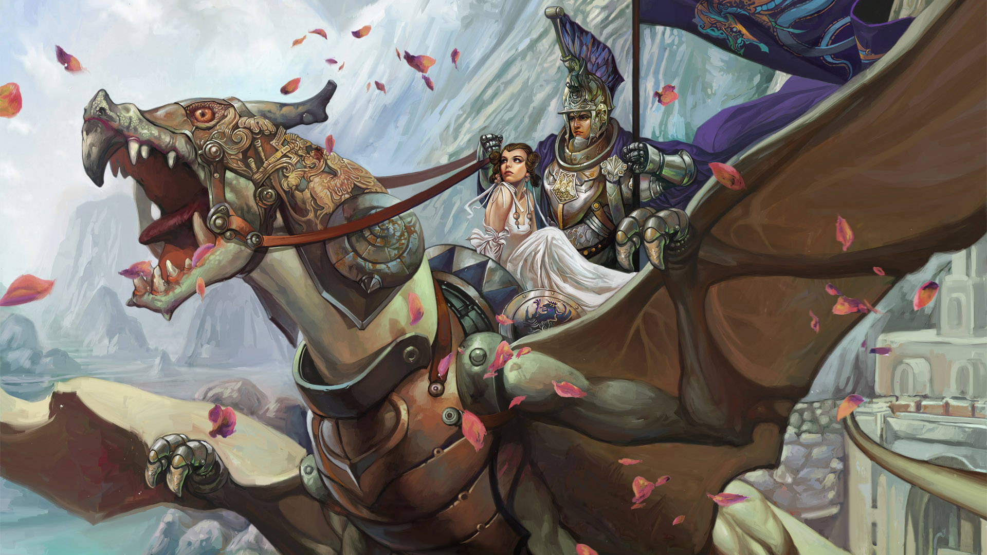 HD Dragon 桌布 壁紙 — 一名騎士和一名女子騎著一頭雄偉的裝甲龍，在花瓣飄落的山間天空中翱翔。