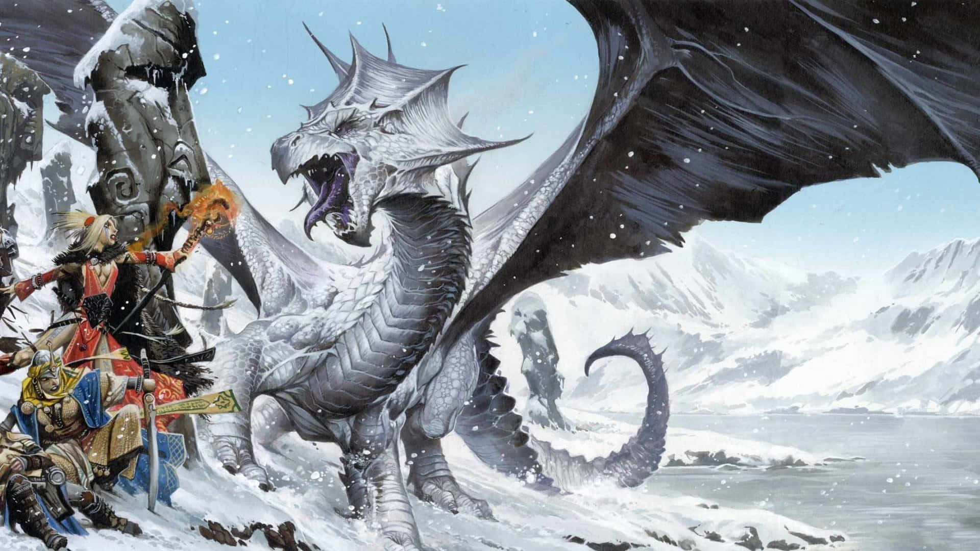 桌布 壁紙 — 一名騎士和戰士在蒼白的天空下，在白雪皚皚的山地景觀中與一條巨大的銀龍戰鬥。