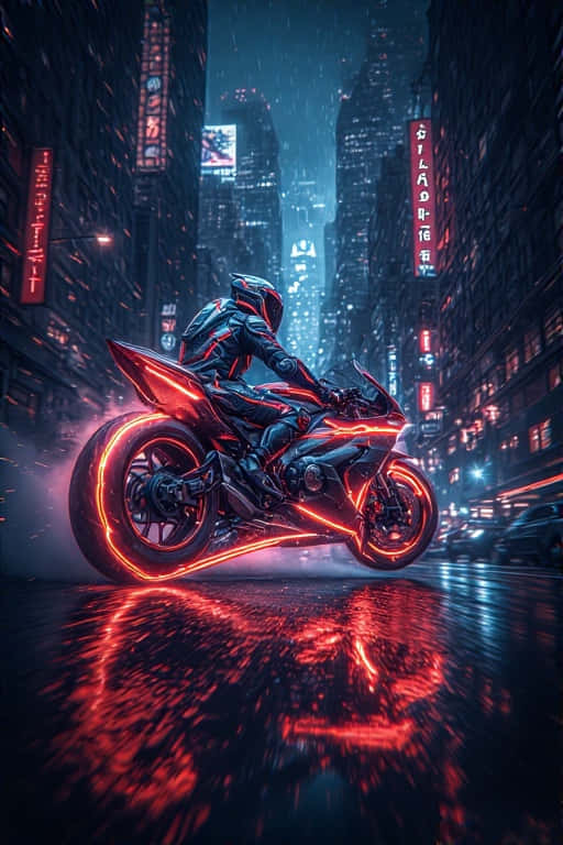 Neon Motorcycle Chase in Dark City Dynamic 4K 壁紙 — 一名騎士在夜間騎著發光的紅色摩托車，飛馳在雨水濕滑、霓虹燈閃爍的賽博龐克城市街道上。