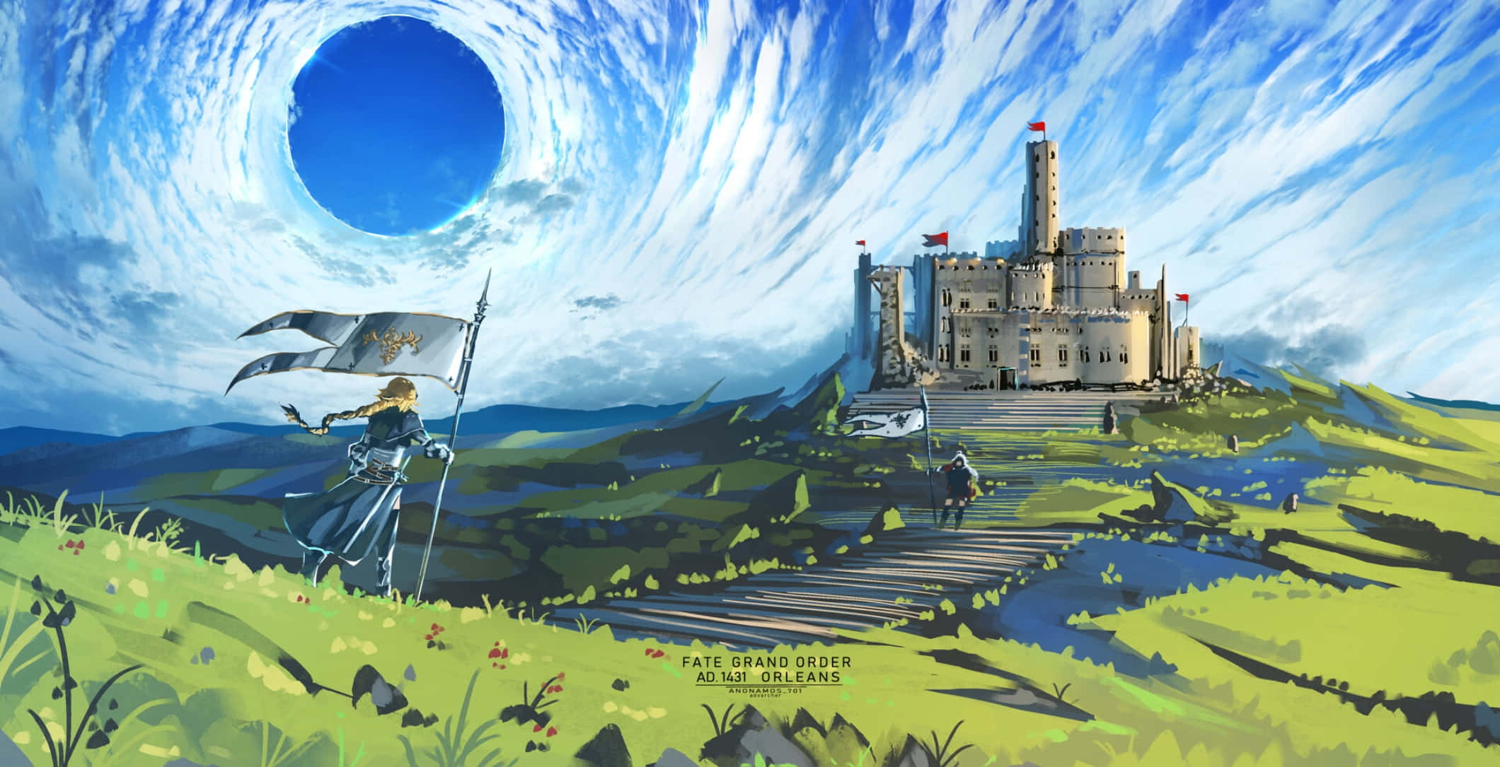 Fate/Grand Order 桌布 壁紙 — 一名騎士手持旗幟，站在宏偉城堡前，天空漩渦中有一個大藍洞。
