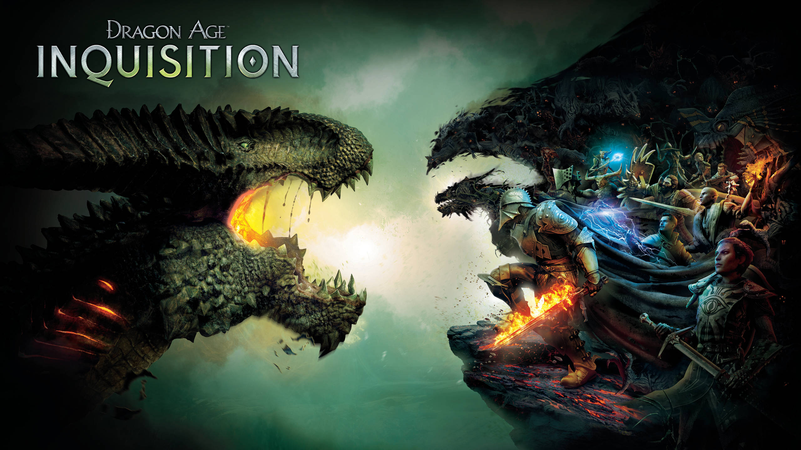Inquisition 桌布 壁紙 — 一名騎士與一條巨龍對抗一隻巨大的火焰龍，上演一場戲劇性的奇幻戰鬥場景。