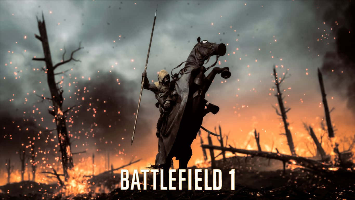 1366x768 Battlefield 1 桌布 壁紙 — 一名騎士騎著一匹騰躍的馬，在火花四濺、焦樹遍野的暴風雨天空下，衝過一片火海戰場。