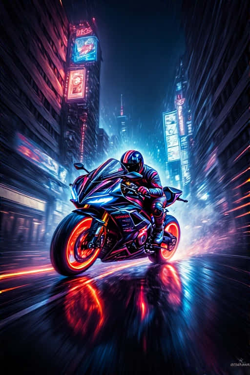 Neon Motorcycle Chase in Dark City Dynamic 4K 壁紙 — 一名騎士騎著發光的摩托車，在夜晚穿過霓虹燈照亮、雨水浸濕的賽博龐克小巷。