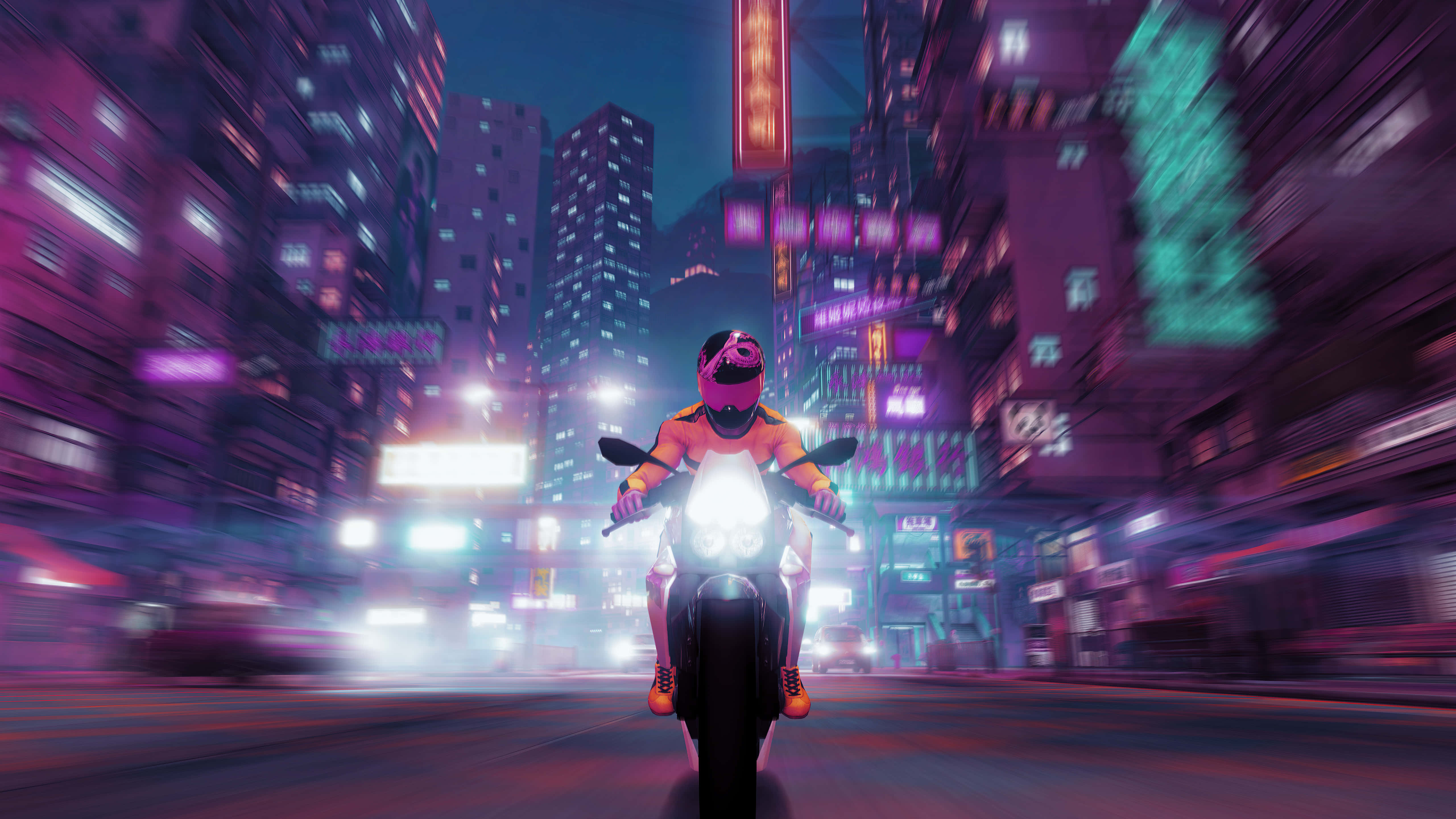 桌布 壁紙 — 一名騎士騎著發光的摩托車，在夜晚充滿霓虹燈的賽博龐克城市景觀中高速行駛，帶有動態模糊效果。