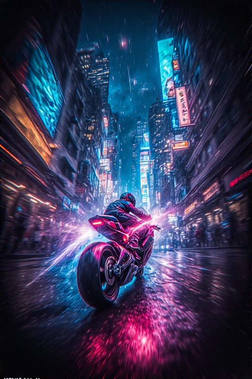 Neon Motorcycle Chase in Dark City Dynamic 4K 壁紙 — 一名騎士騎著發光的粉紅色摩托車，在夜晚穿過被雨水浸透的霓虹燈賽博龐克城市街道。