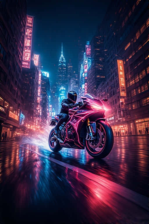 Neon Motorcycle Chase in Dark City Dynamic 4K 壁紙 — 一名騎士騎著發光的霓虹機車，在夜晚穿梭於被雨水浸透的賽博朋克城市街道，高聳的摩天大樓和充滿活力的數位廣告牌在潮濕的路面上反射。