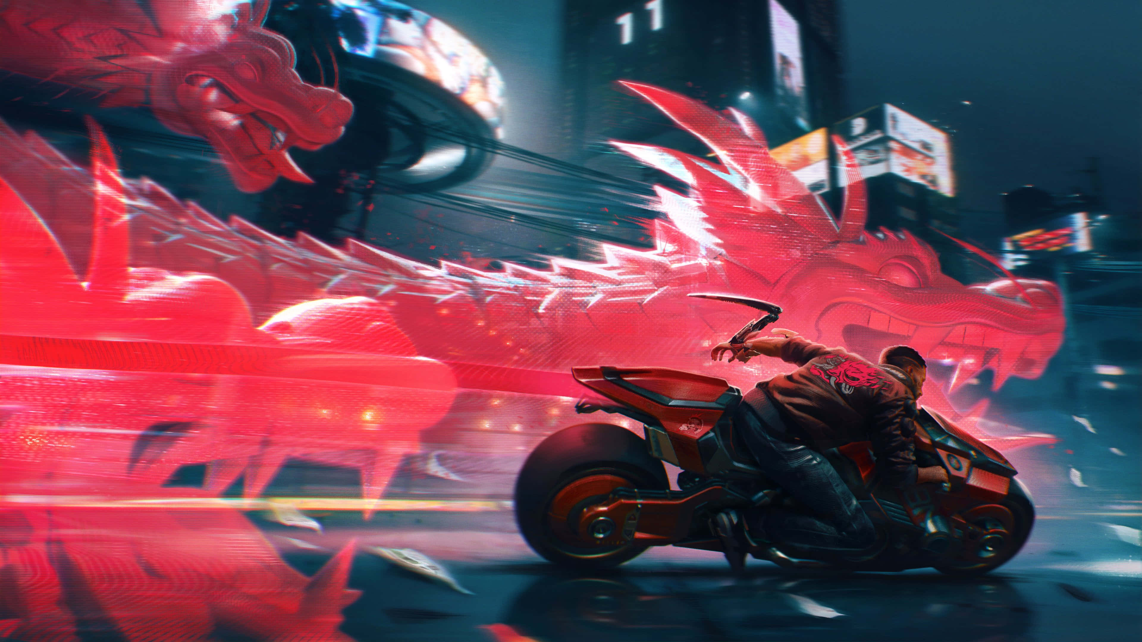 Cyberpunk Aesthetic 桌布 壁紙 — 一名騎士騎著紅色摩托車在霓虹燈閃爍的城市中飛馳，一條發光的紅龍以模糊的動態疾馳而過。