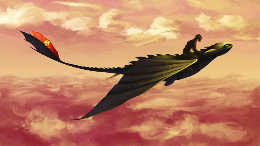 How To Train Your Dragon 4K 桌布 壁紙 — 一名騎手在黑色紅尾巨龍上翱翔，背景是充滿活力的粉紅和橙色日落天空。