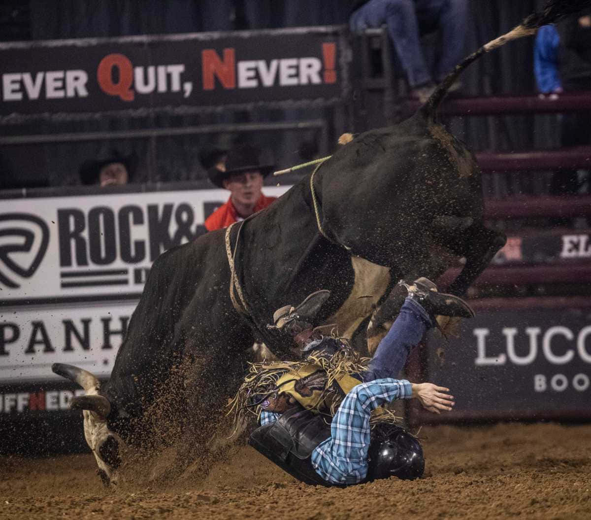 Bull Riding 桌布 壁紙 — 一名騎牛士在牛仔競技場被一頭狂跳的公牛甩下，泥土飛揚，觀眾在圍欄後觀看。