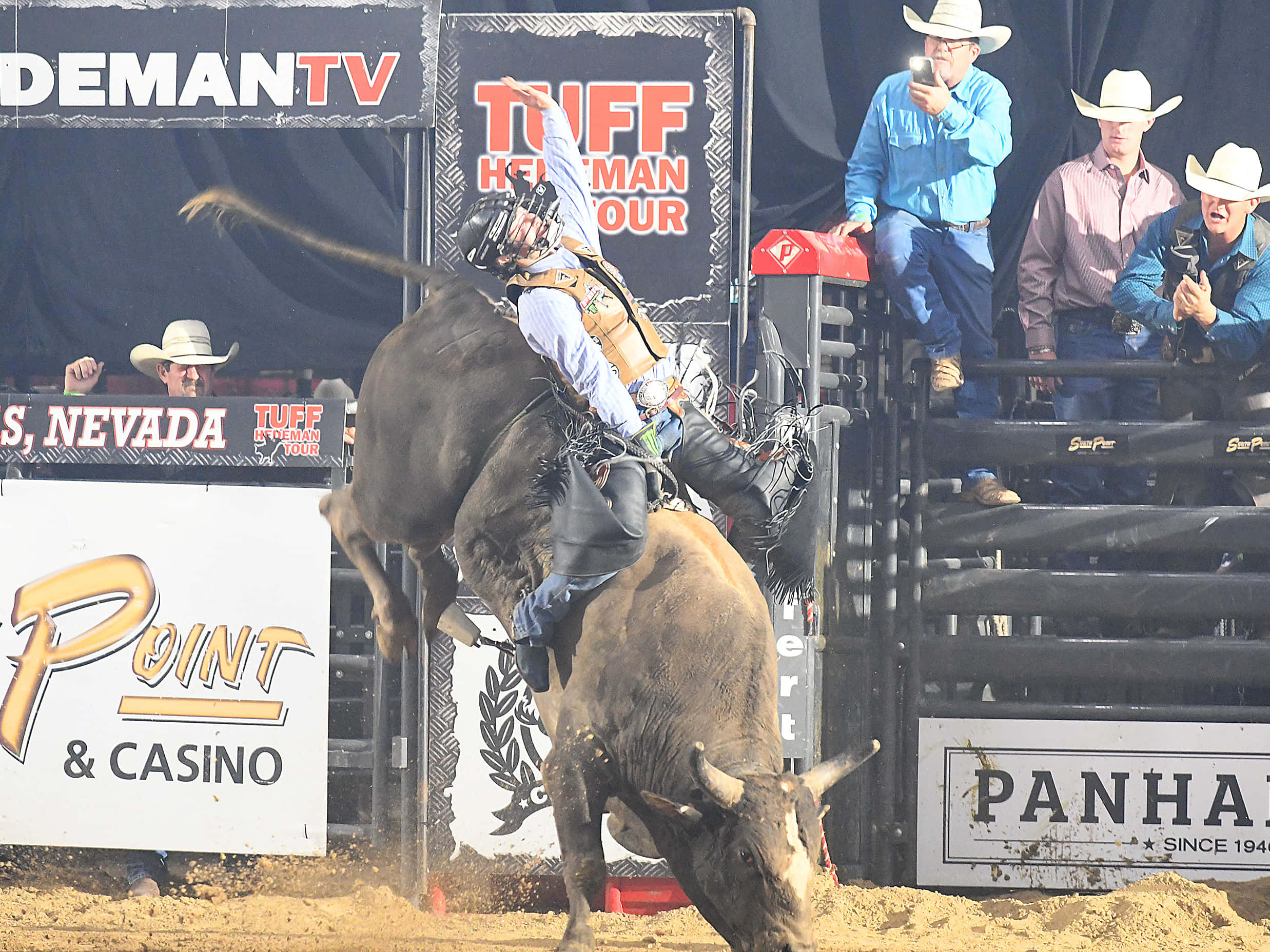 Bull Riding 桌布 壁紙 — 一名騎牛士緊抓著一頭在牛仔競技場中跳躍的蠻牛，背景有觀眾和橫幅。
