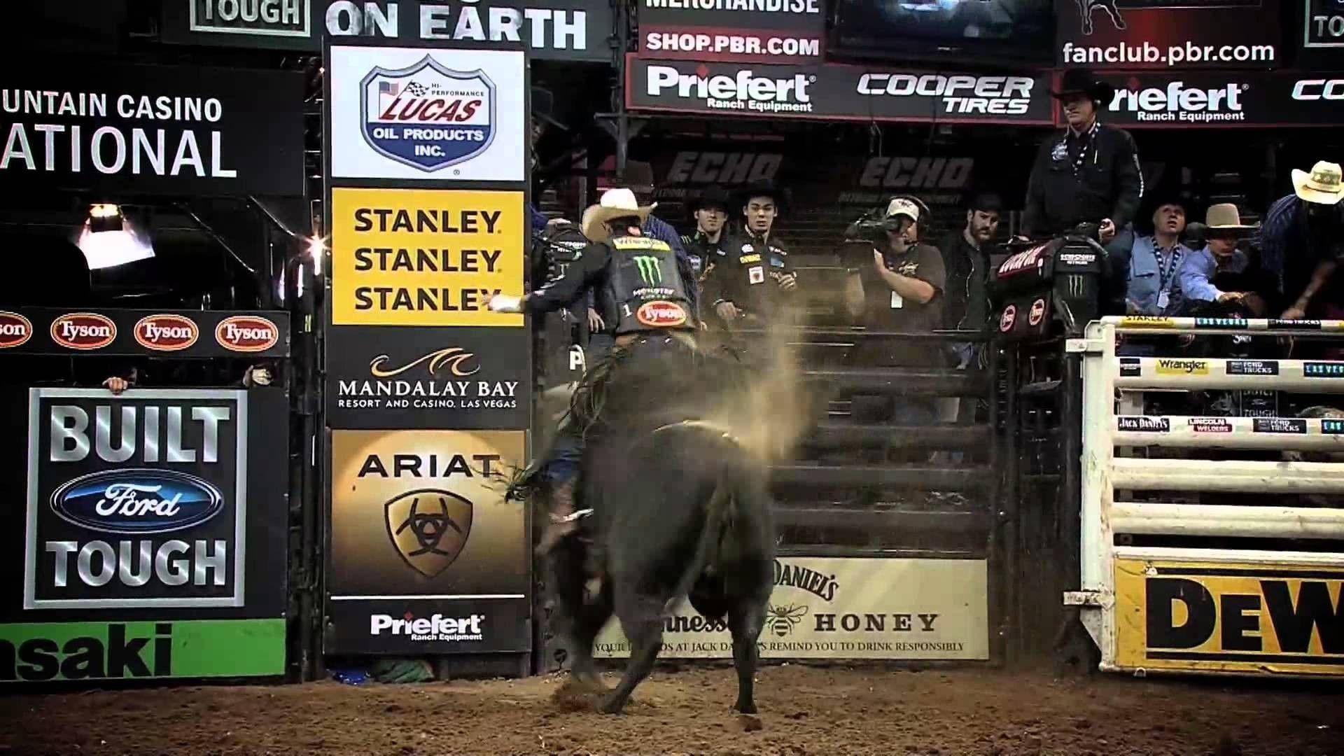 Bull Riding 桌布 壁紙 — 一名騎牛士緊貼著一頭從閘門衝出的狂野公牛，在燈火通明的牛仔競技場中。