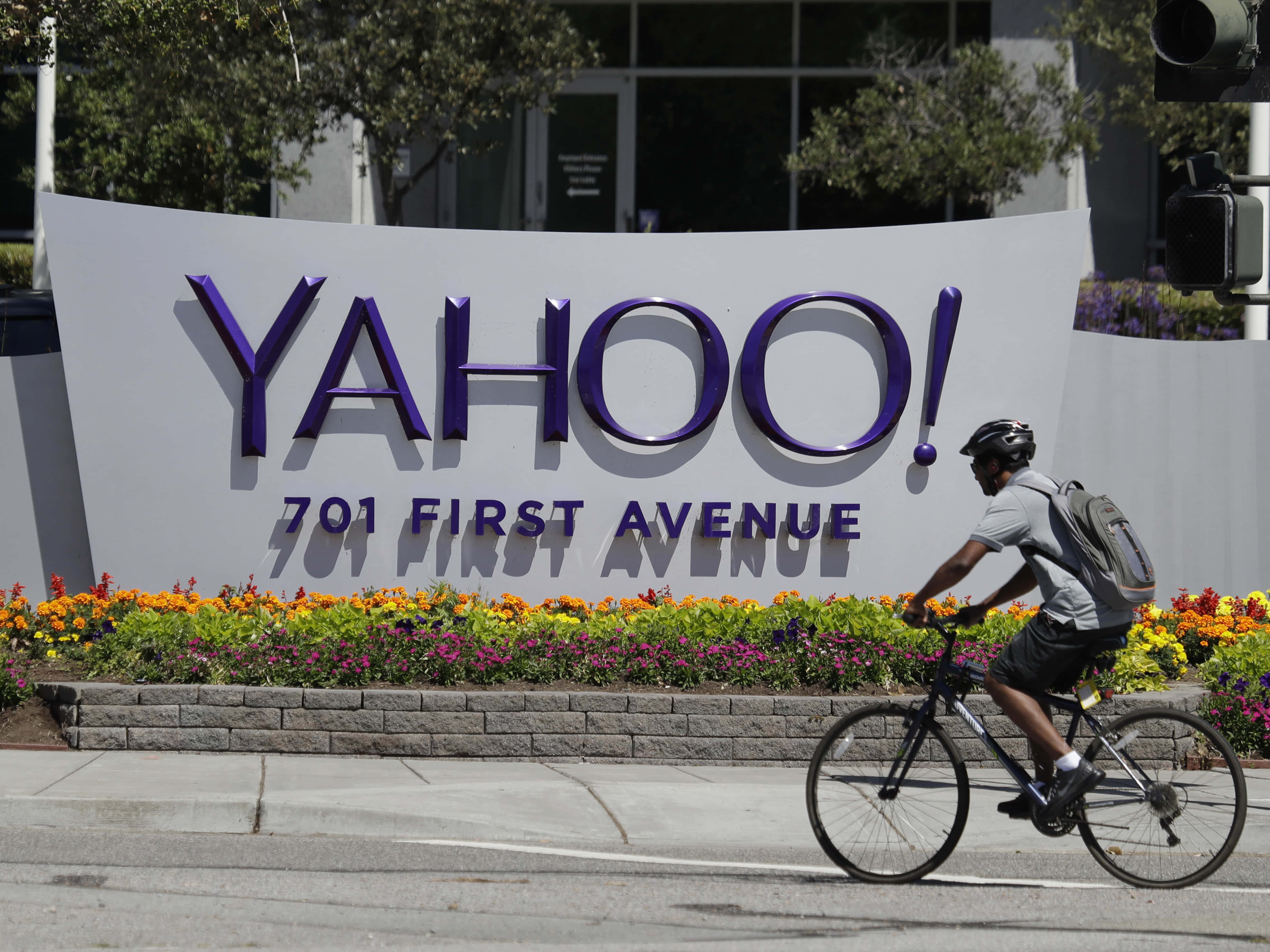 Yahoo 桌布 壁紙 — 一名騎自行車的人踩過一個大型Yahoo標誌，標誌上有紫色字母，周圍環繞著色彩繽紛的花朵和綠植。