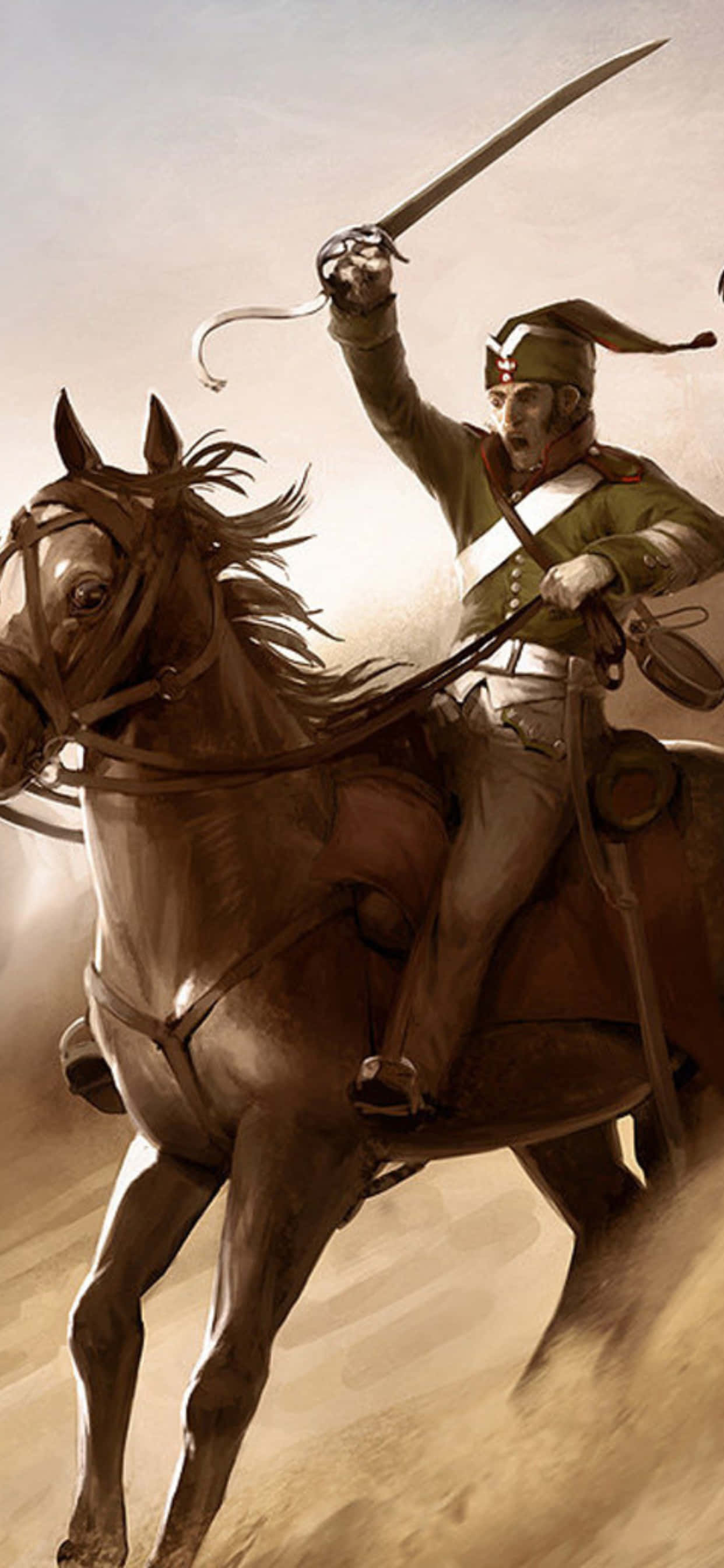 iPhone Xs Max Total War Attila 桌布 壁紙 — 一名騎著奔騰戰馬的士兵在塵土飛揚的戰場上，在朦朧的天空下舉起軍刀。
