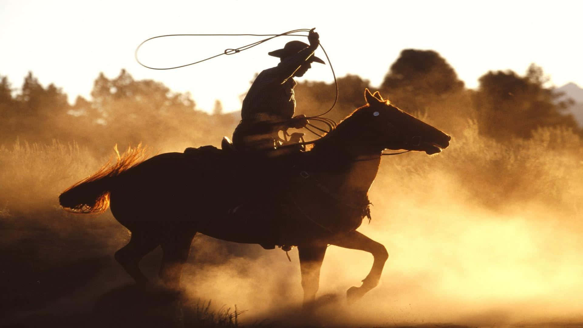 Cowboy 桌布 壁紙 — 一名騎著奔騰馬匹的牛仔，在金色夕陽塵雲中揮舞套索。