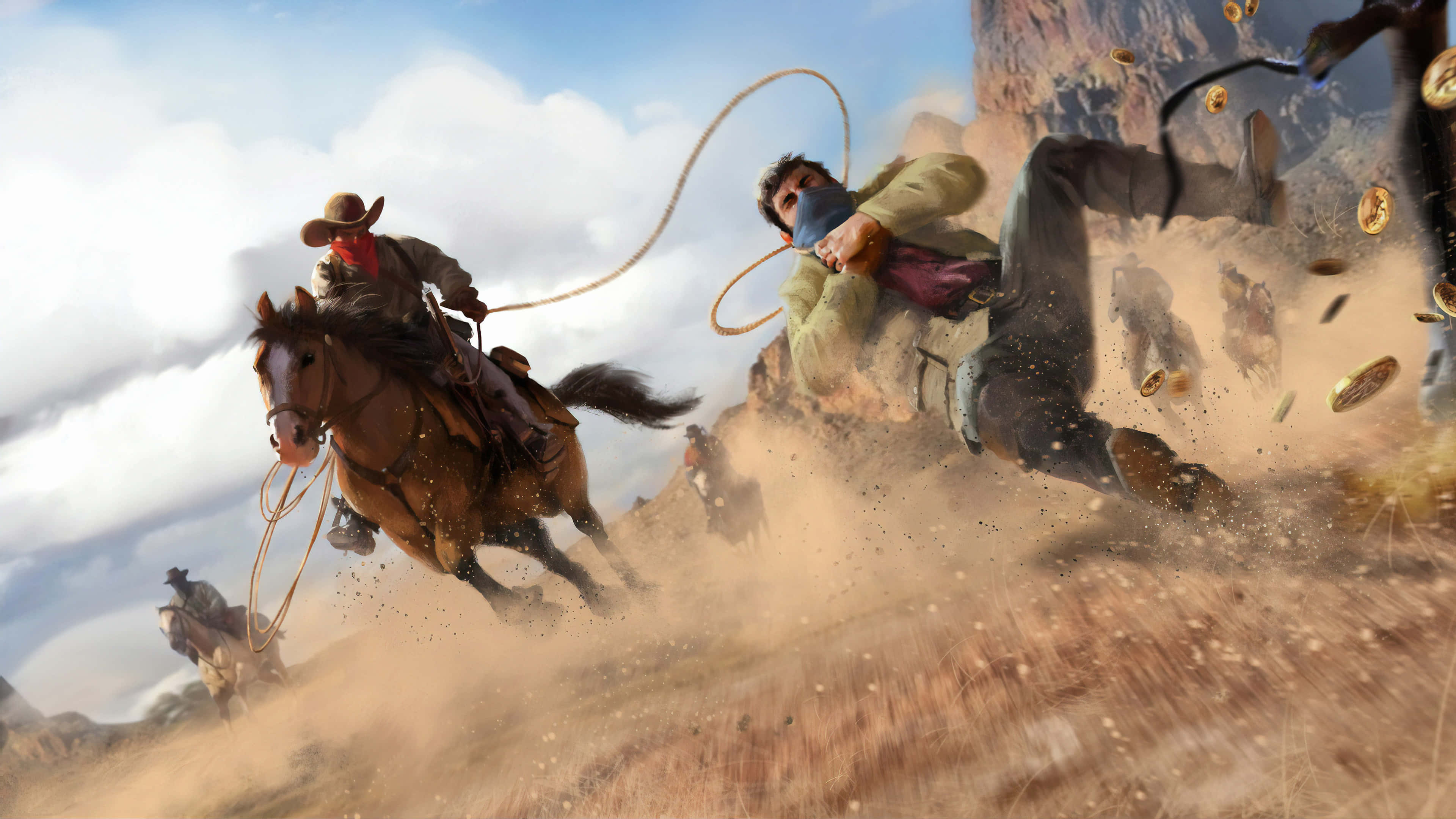 Cowboy 桌布 壁紙 — 一名騎著奔騰馬匹的牛仔揮動套索，套向一名墜落的亡命之徒，金幣在塵土飛揚的沙漠峽谷中散落。