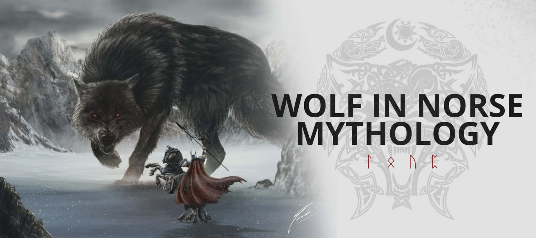 Mythical Wolf 桌布 壁紙 — 一名騎馬的戰士在雪覆蓋的山地景觀中面對一隻有著發光紅眼的巨大黑狼。