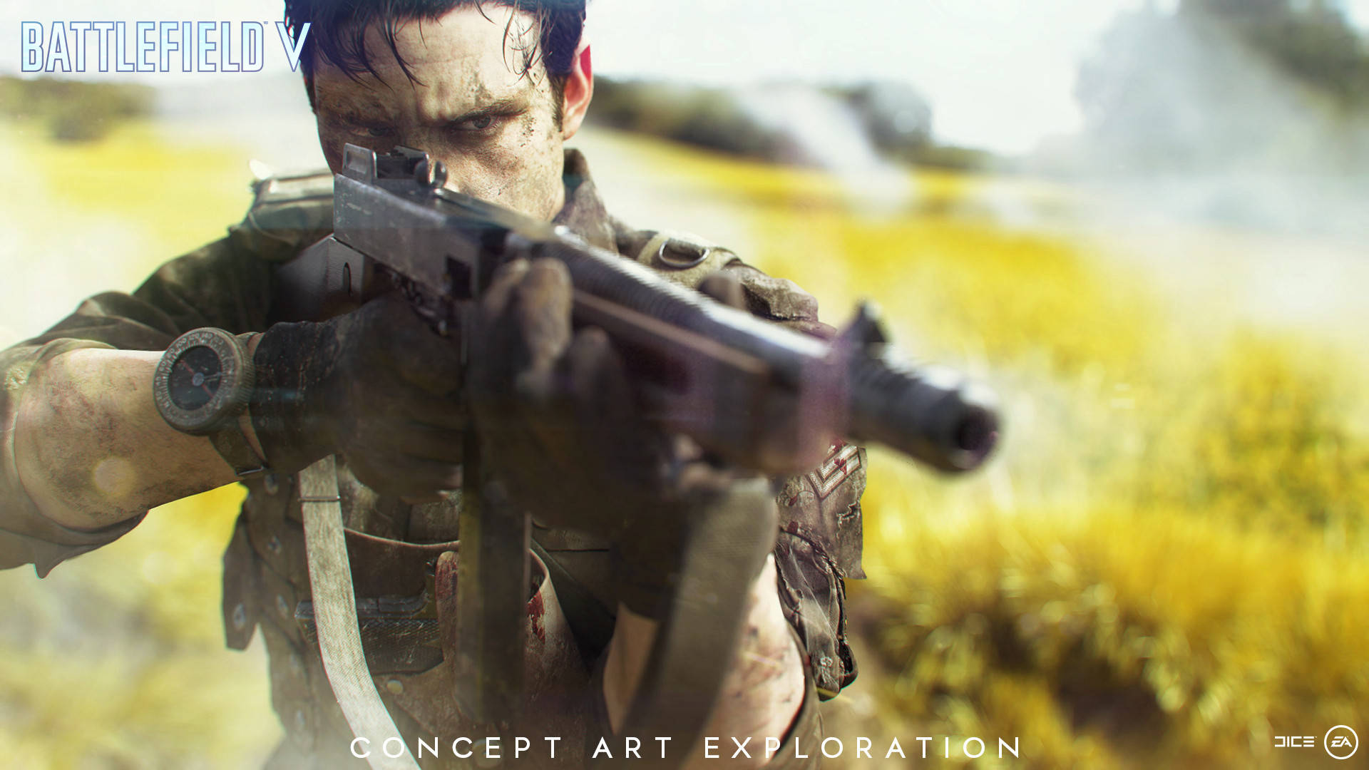 Battlefield 5 桌布 壁紙 — 一名骯髒的士兵穿著泥濘的軍服，在明亮的日光下透過模糊的金色田野瞄準衝鋒槍。