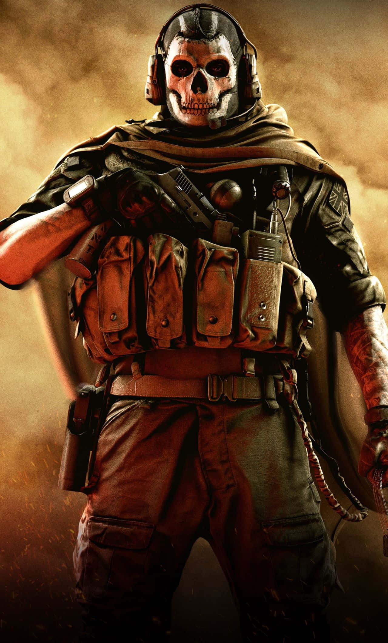 使命召喚 桌布 壁紙 — 一名骷髏臉士兵身穿戰術裝備，在煙霧瀰漫的戰場背景下持步槍準備就緒。