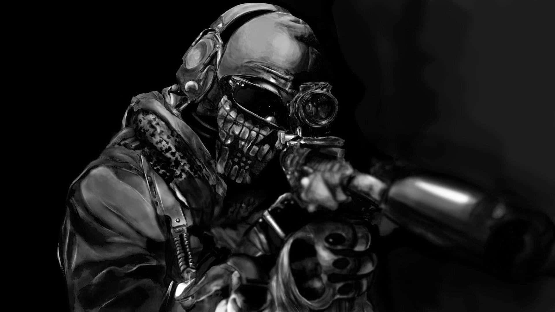 Call Of Duty Ghosts 桌布 壁紙 — 一名骷髏臉士兵身穿戰術裝備，在黑暗背景下專注地瞄準步槍。