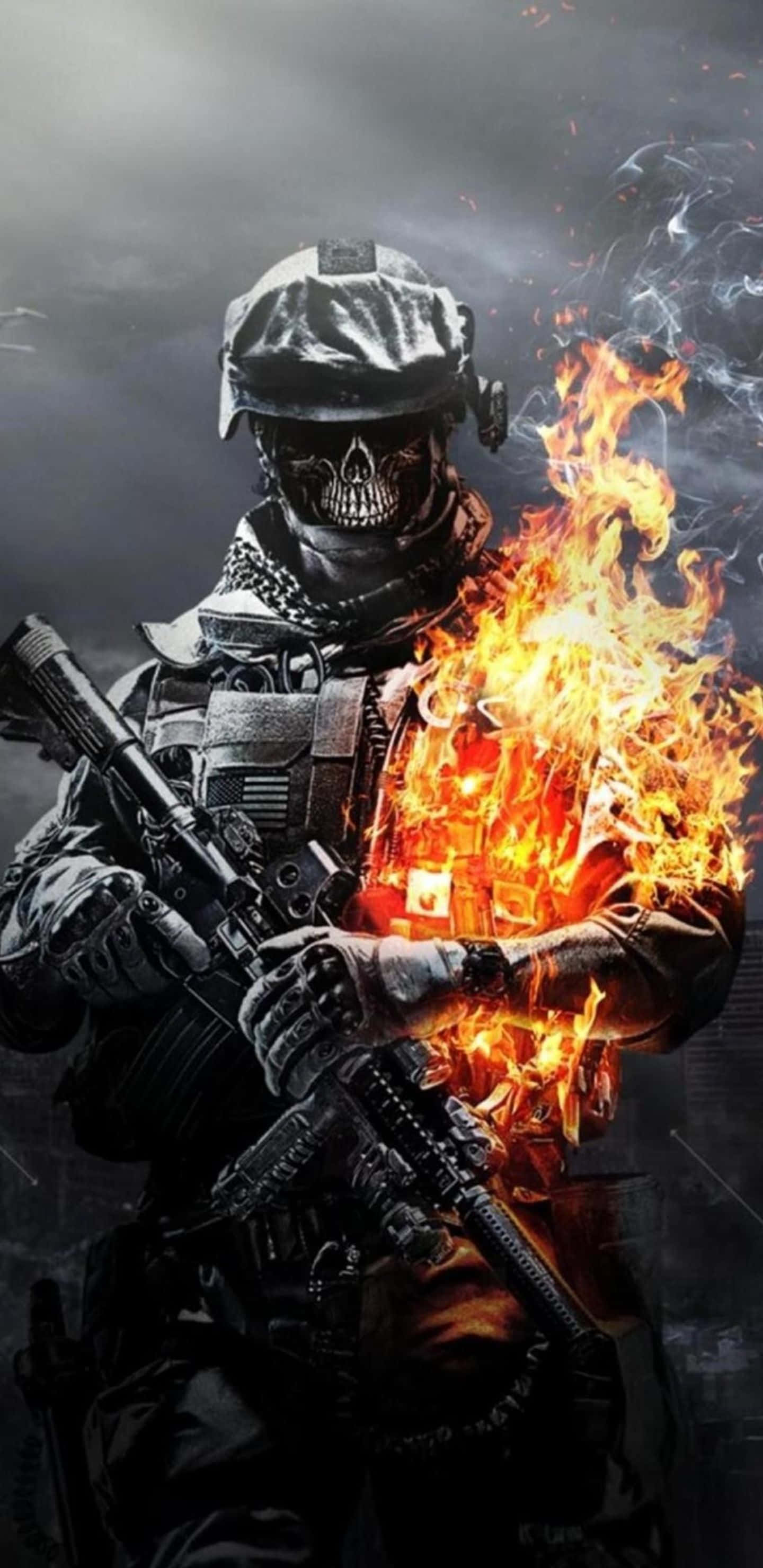 Pixel 3xl Battlefield 4 桌布 壁紙 — 一名骷髏臉士兵身穿戰術裝備，手持步槍，火焰從他的軀幹噴出，背景黑暗煙霧瀰漫。