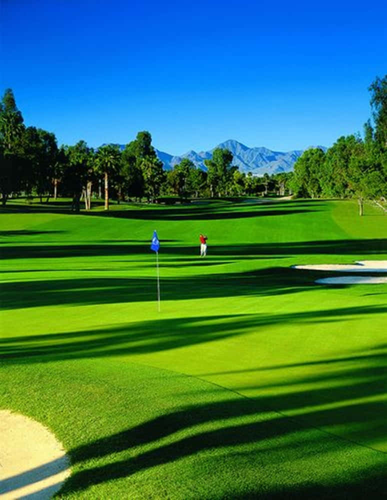 高爾夫球手在陽光明媚的高爾夫球場上，背景有山脈和棕櫚樹。 — 高爾夫 壁紙
