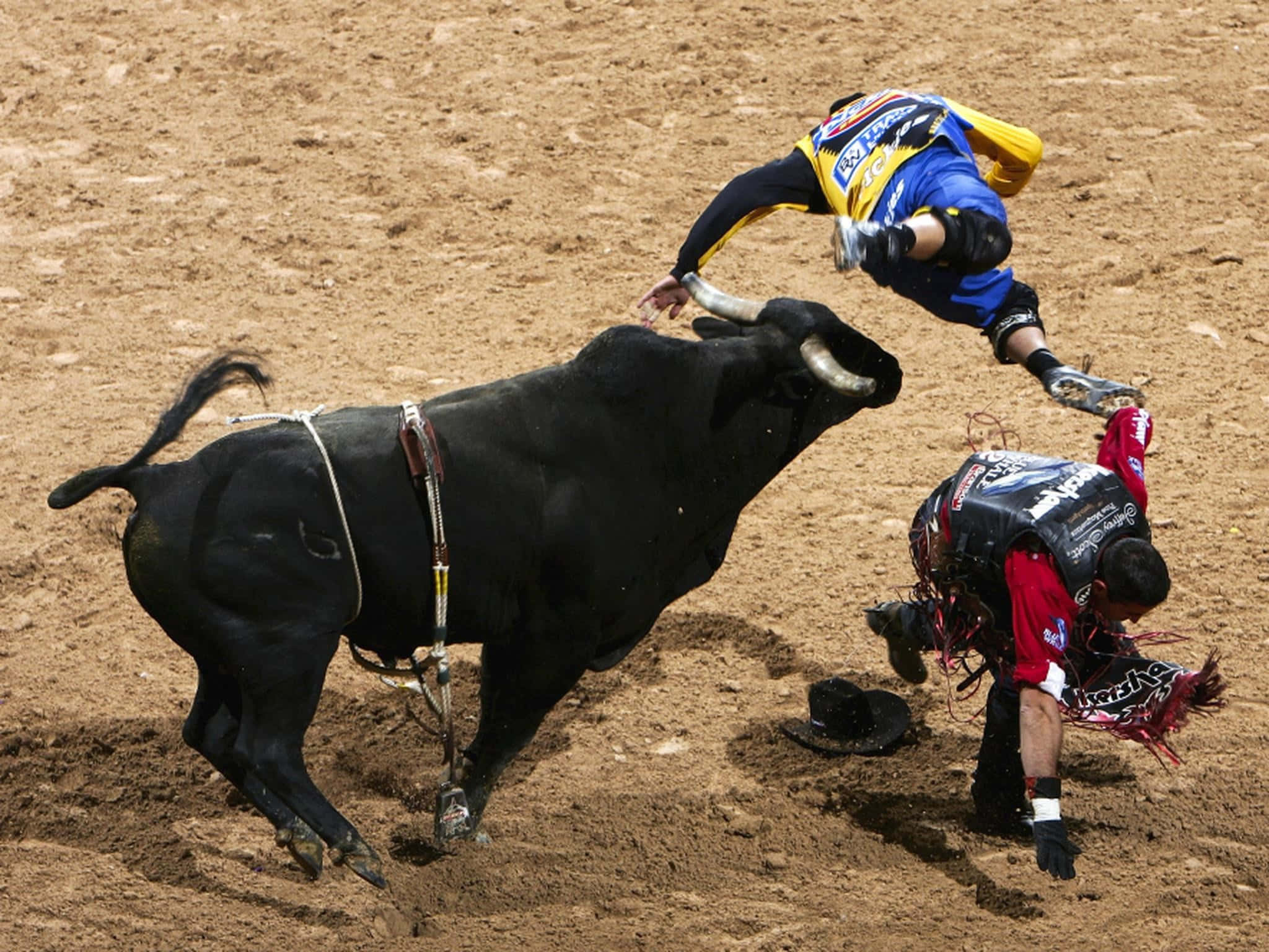 Bull Rider 桌布 壁紙 — 一名鬥牛士被一頭衝過來的黑牛拋到空中，在塵土飛揚的鬥牛場上，另一名鬥士蹲在附近。