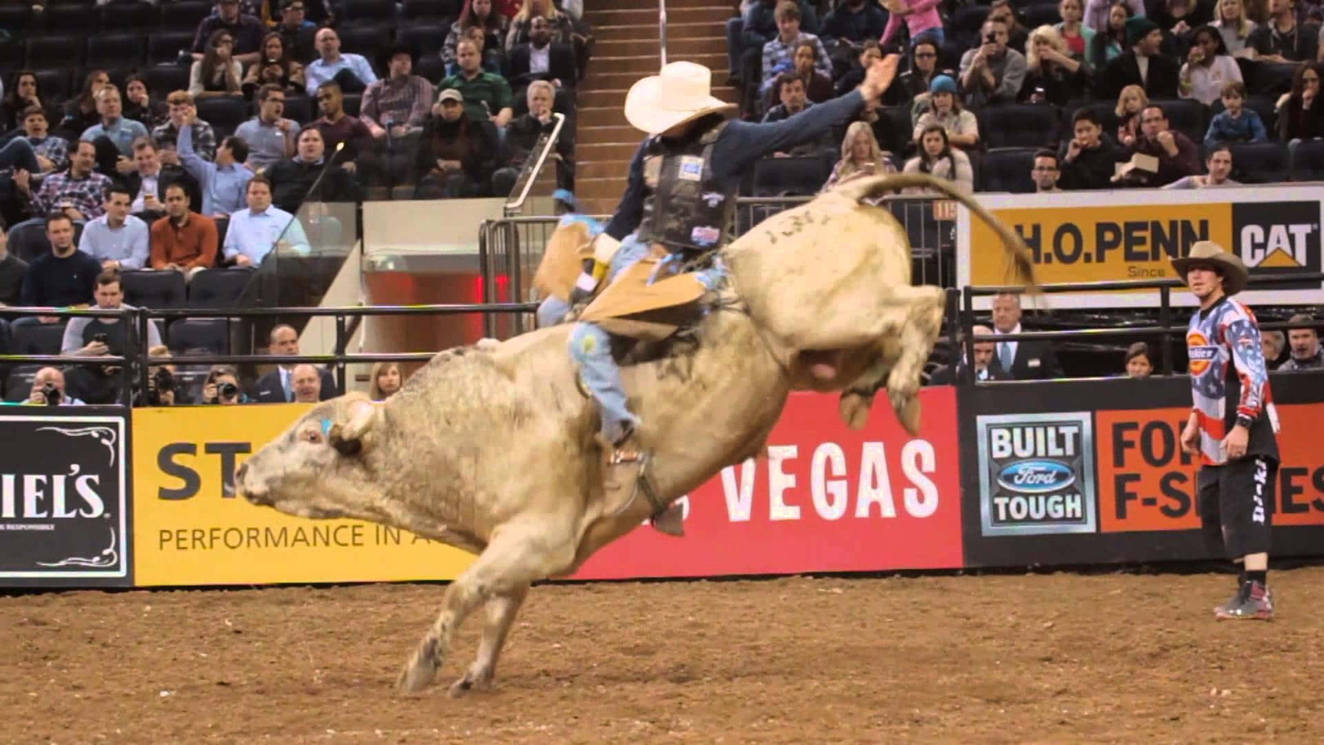 Bull Rider 桌布 壁紙 — 一名鬥牛騎士在拉斯維加斯一個擠滿觀眾的牛仔競技場中，絕望地緊抓著一頭高高躍起的狂跳公牛。