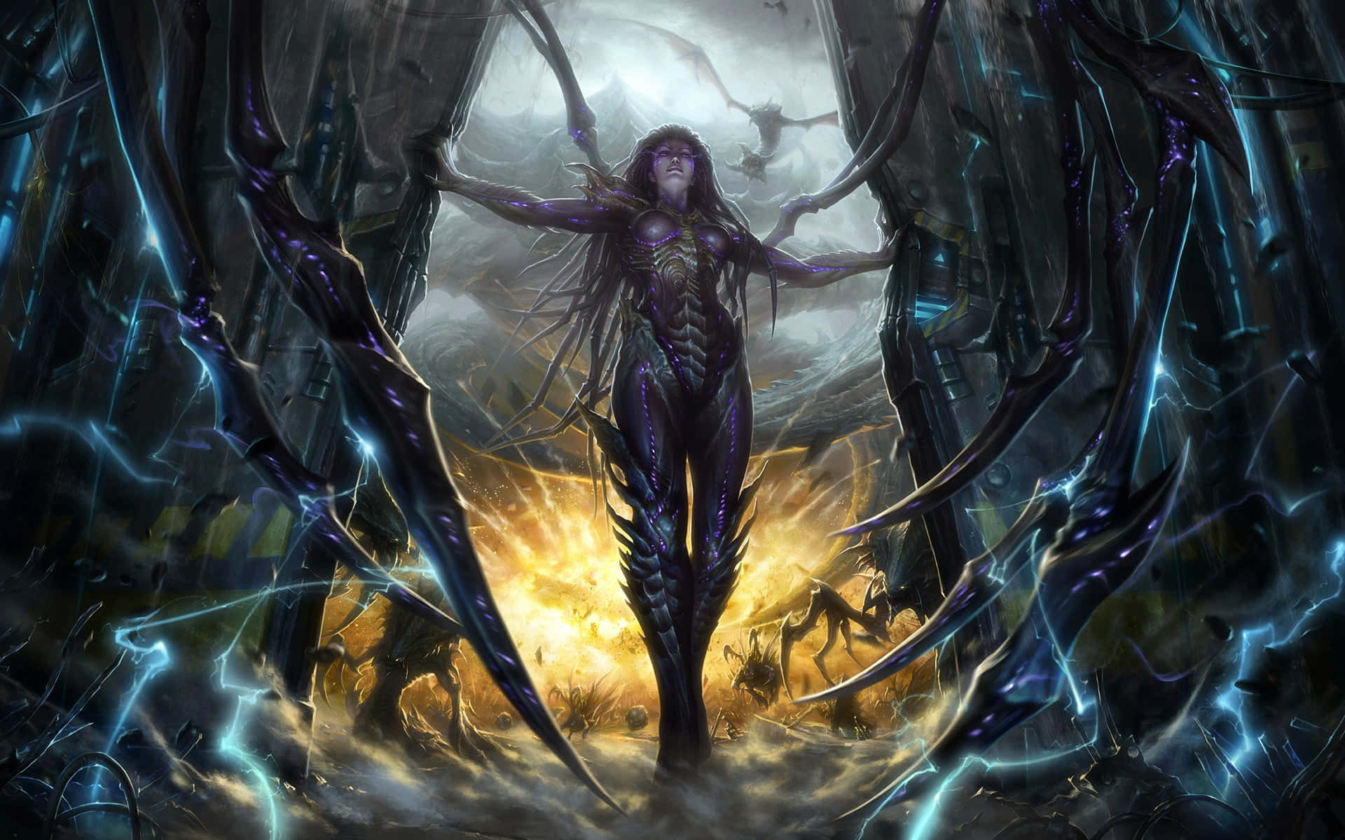 Starcraft Characters 桌布 壁紙 — 一名黑暗奇幻戰士身穿發光紫色盔甲，在暴風雨的天空下， defiantly 站立在鋸齒狀的晶體結構之間。