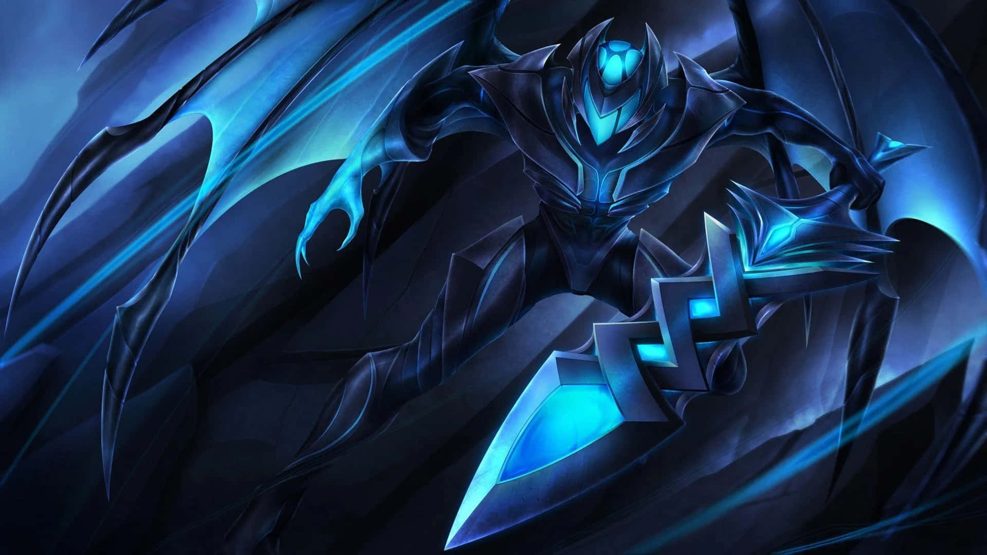 1920x1080 League Of Legends 桌布 壁紙 — 一名黑暗裝甲戰士，擁有發光的藍色眼睛和刀刃，揮舞著一把發光的劍，背景是旋轉的藍色能量。