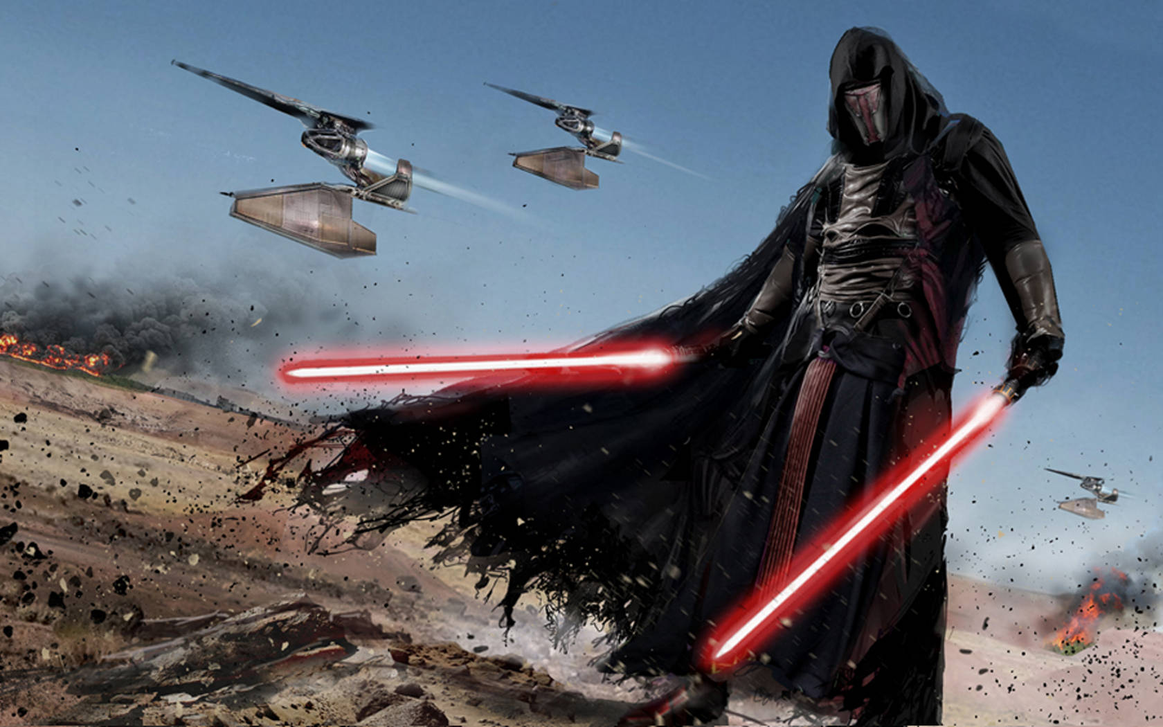 Revan 桌布 壁紙 — 一名黑暗騎士揮舞著兩把紅色光劍，身處沙漠戰場，星際戰鬥機在頭頂飛過。